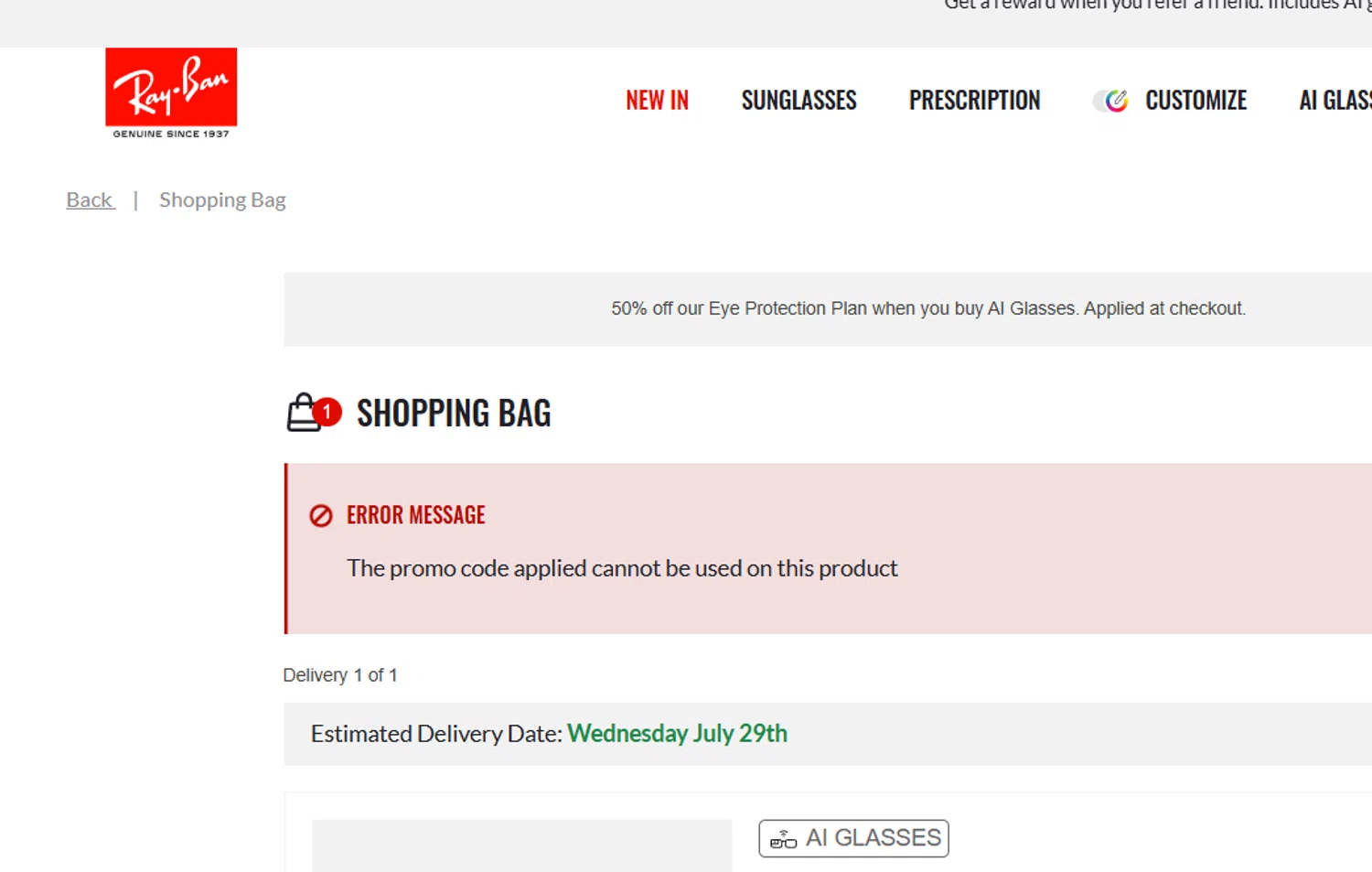 Verification screenshot for $10 Off Select Items at Ray-Ban - 2d ago