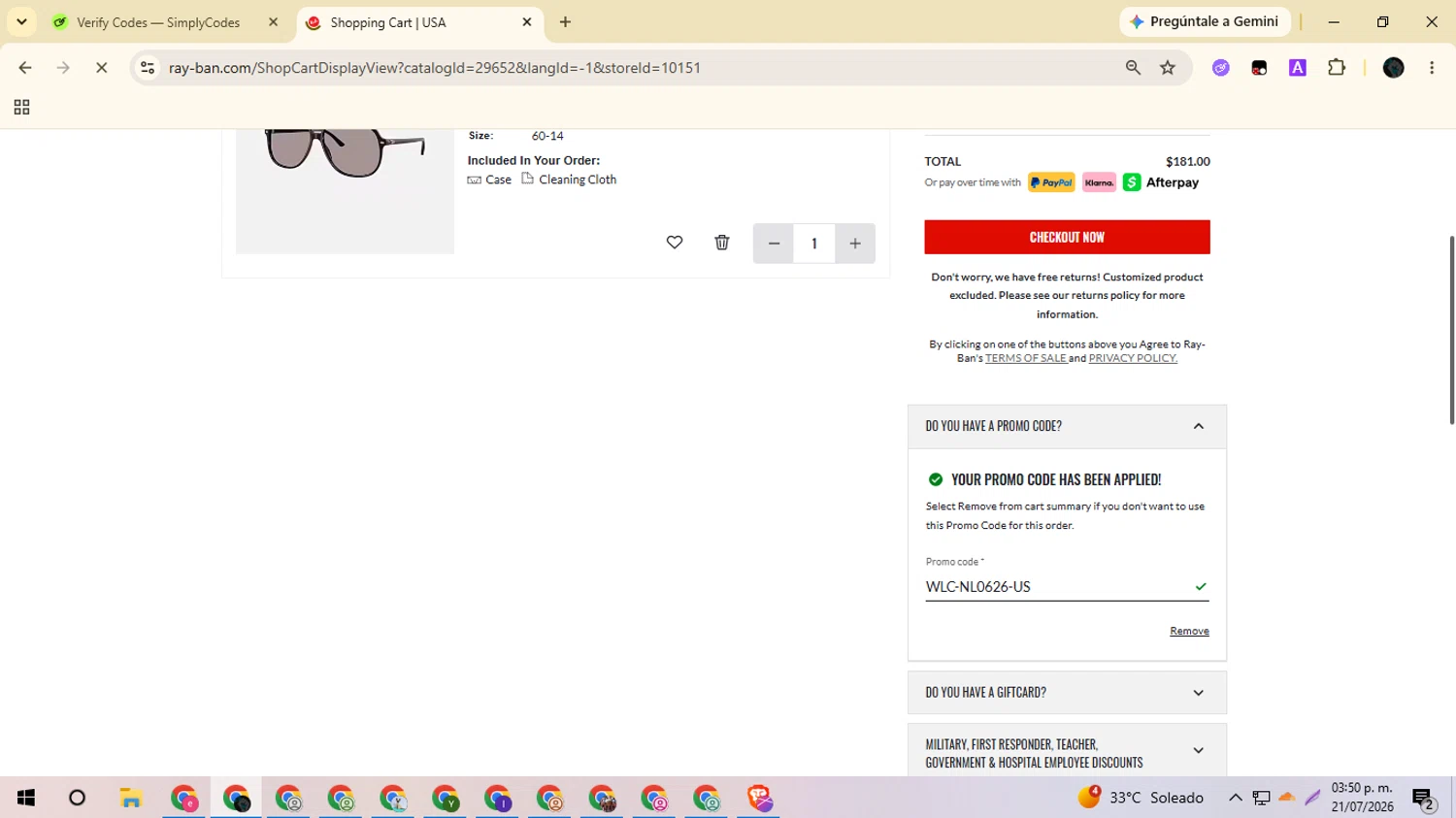 Verification screenshot for $10 Off Select Items at Ray-Ban - 2d ago
