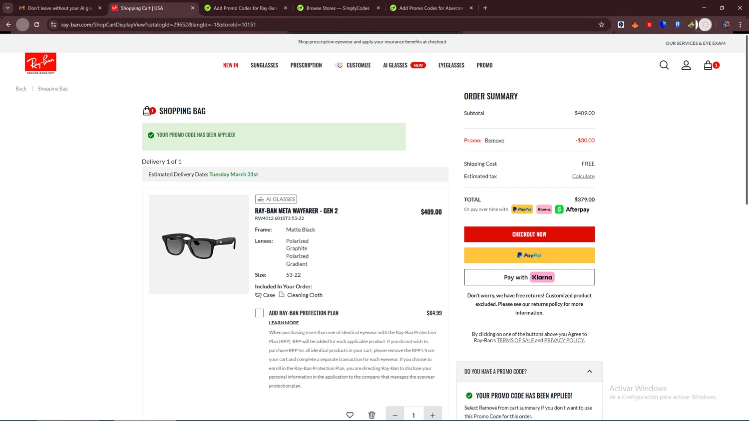 Verification screenshot for $30 Off Storewide at Ray-Ban — 2mo ago