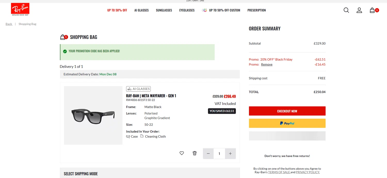 Ray-Ban promo code screenshot showing code VC-D7IGR applied at Ray-Ban checkout page. Uploaded by SimplyCodes community member Dorothy on Nov 30, 2025