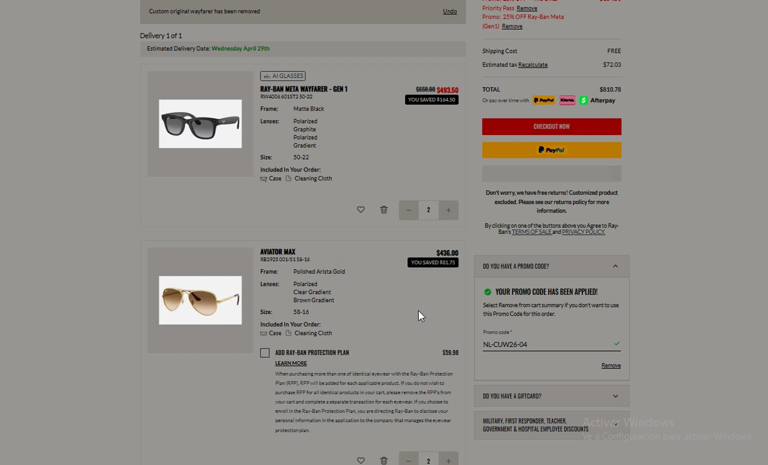 Verification screenshot for 20% Off Sunglasses, Glasses Frames, Accessories (members Only) at Ray-Ban — 44d ago