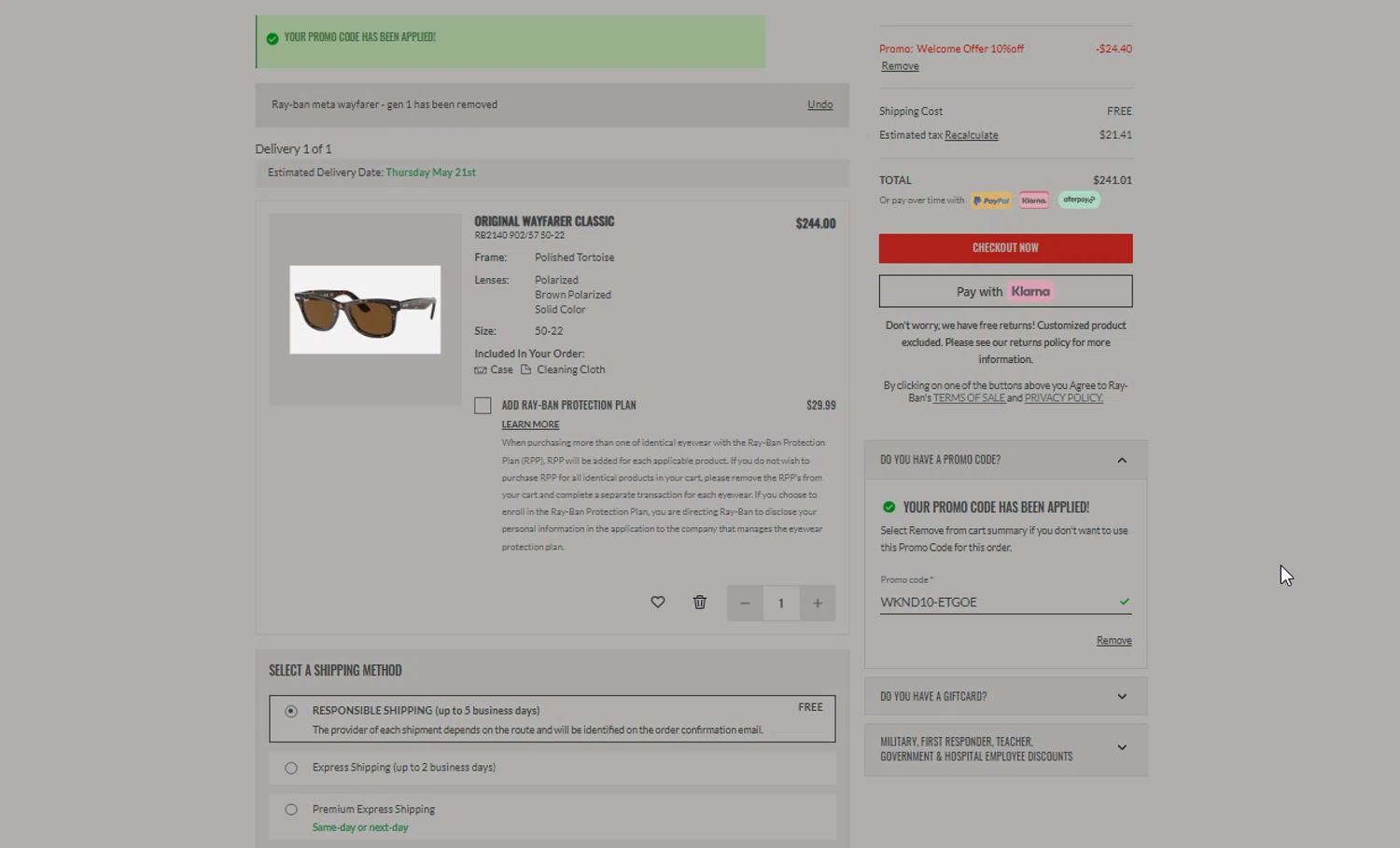 Verification screenshot for 10% Off Your First Online Purchase at Ray-Ban - 45d ago