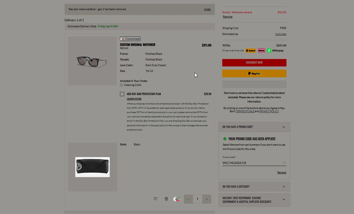 Verification screenshot for $10 Off Select Items at Ray-Ban — 51d ago
