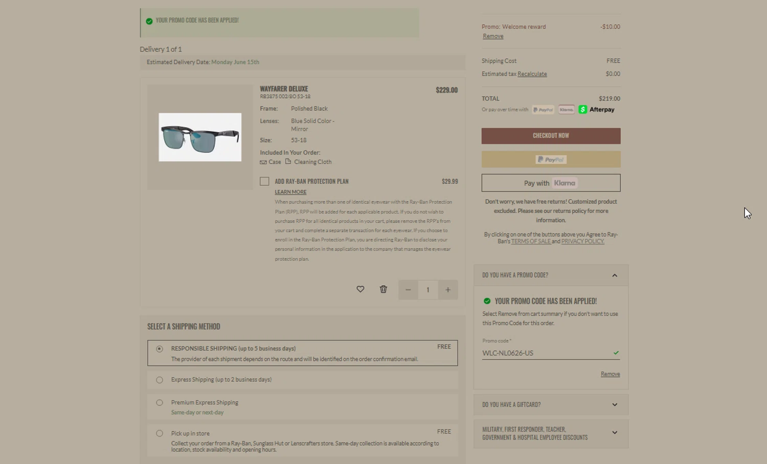 Verification screenshot for $10 Off Select Items at Ray-Ban — 12h ago