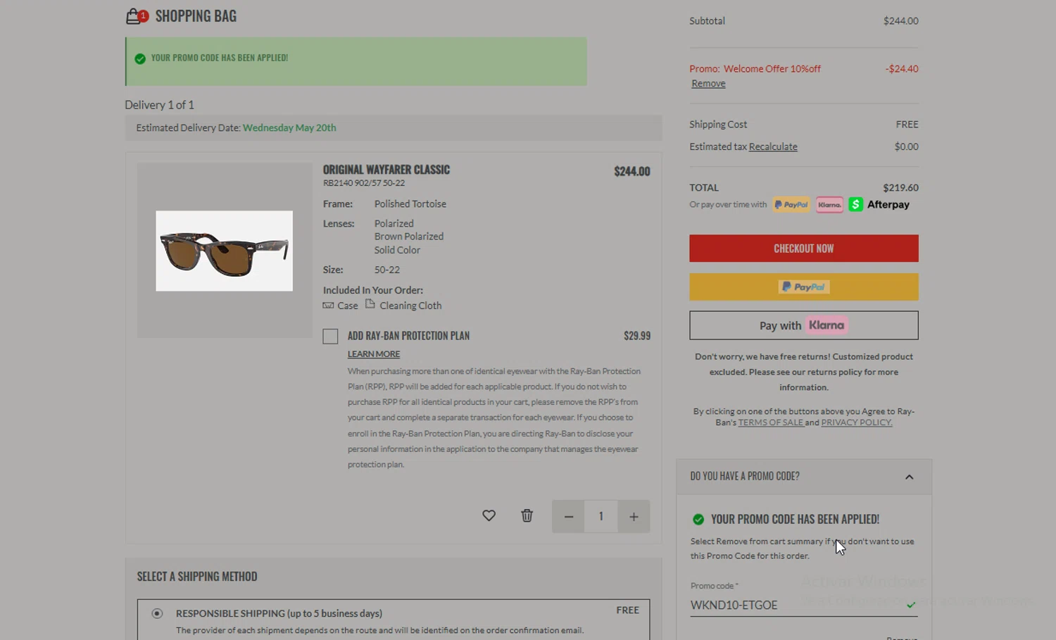 Verification screenshot for 10% Off Your First Online Purchase at Ray-Ban - 47d ago