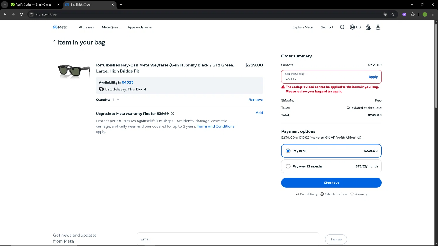 Ray-Ban Meta promo code screenshot showing code ANTB applied at Ray-Ban Meta checkout page. Uploaded by SimplyCodes community member SAIKOO on Dec 3, 2025