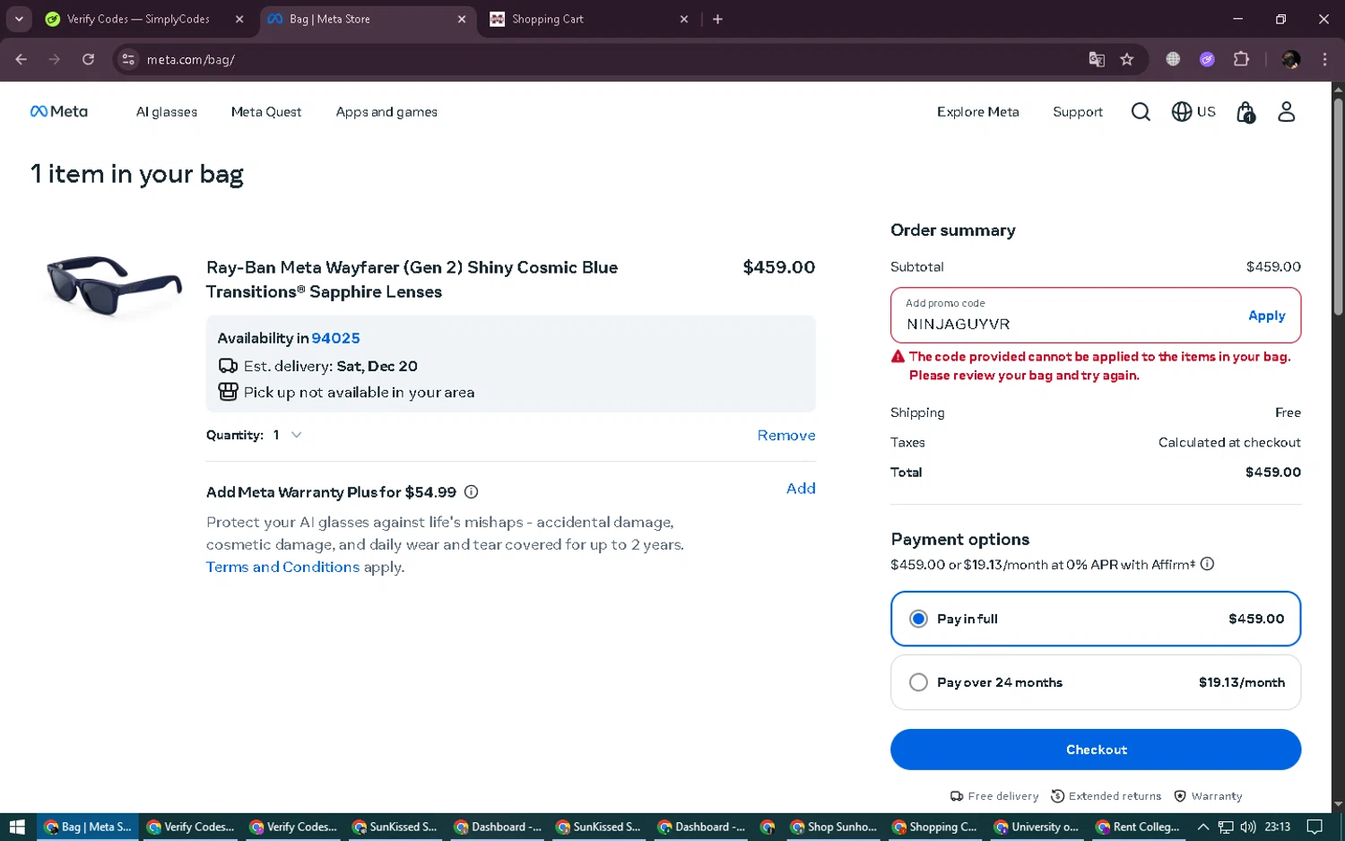 Ray-Ban Meta promo code screenshot showing code NINJAGUYVR applied at Ray-Ban Meta checkout page. Uploaded by SimplyCodes community member LegendaryWarden2503 on Dec 19, 2025