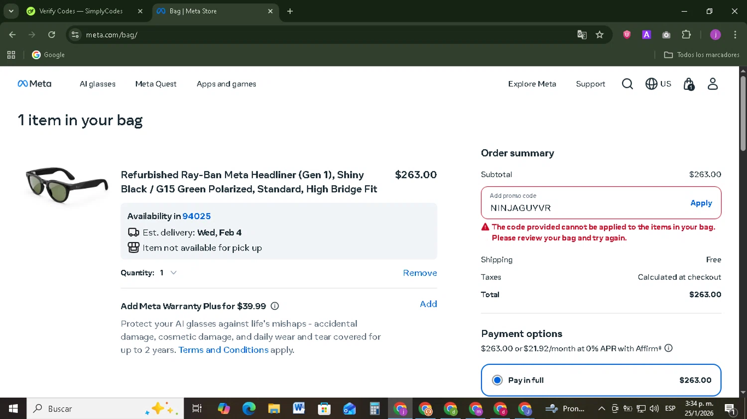 Ray-Ban Meta promo code screenshot showing code NINJAGUYVR applied at Ray-Ban Meta checkout page. Uploaded by SimplyCodes community member Tazbravo on Jan 25, 2026