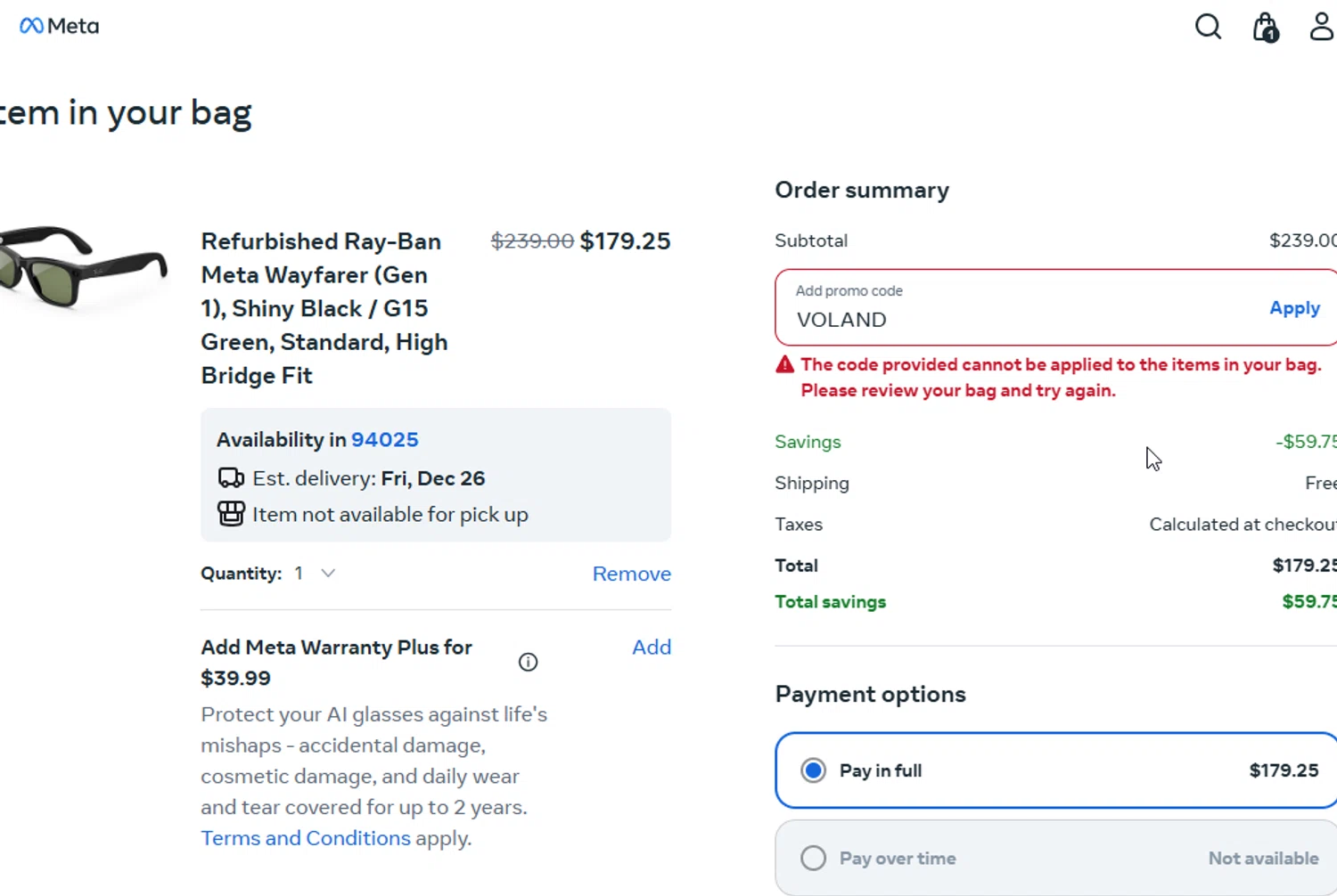 Ray-Ban Meta checkout page showing Ray-Ban Meta promo code box | Screenshot taken by SimplyCodes community member on Dec 18, 2025