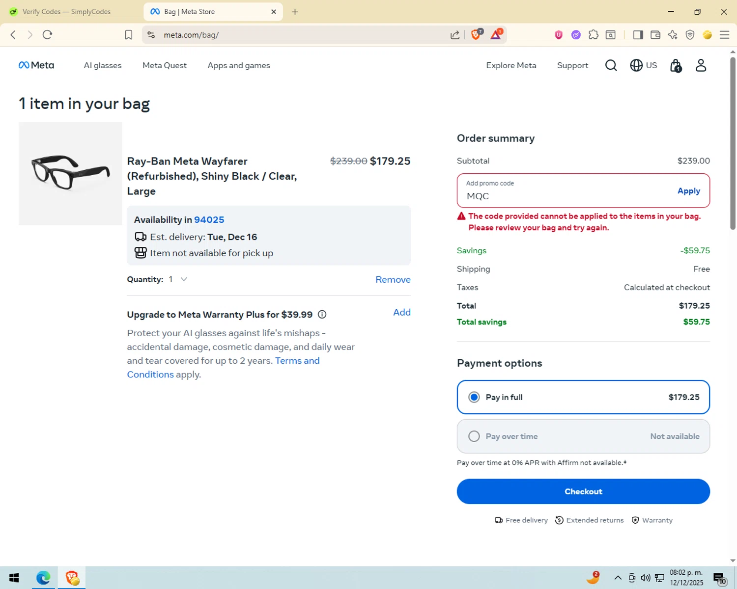 Ray-Ban Meta promo code screenshot showing code MQC applied at Ray-Ban Meta checkout page. Uploaded by SimplyCodes community member RebateWizard4874 on Dec 13, 2025