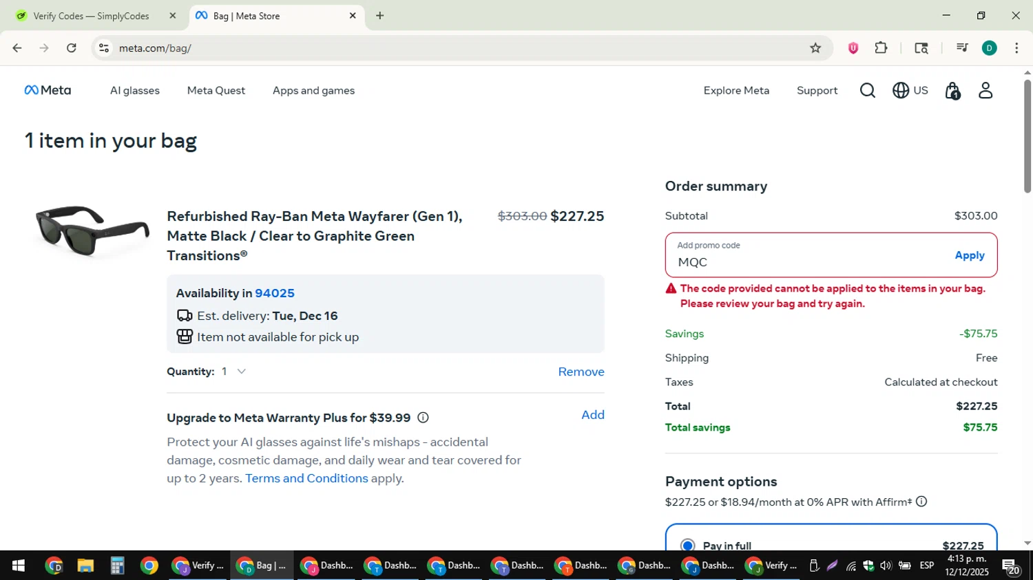 Ray-Ban Meta promo code screenshot showing code MQC applied at Ray-Ban Meta checkout page. Uploaded by SimplyCodes community member ThriftyLion6776 on Dec 12, 2025