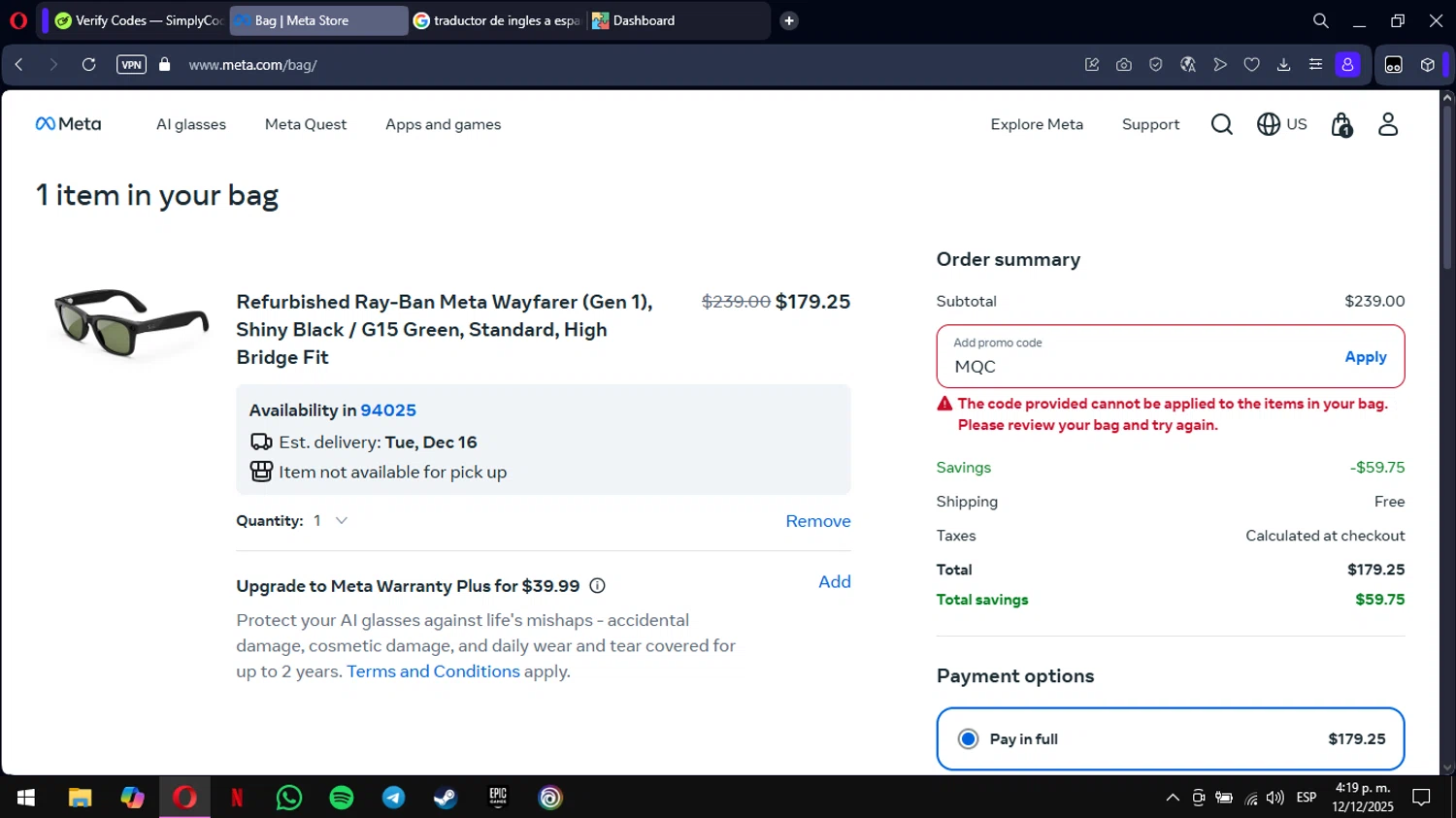 Ray-Ban Meta promo code screenshot showing code MQC applied at Ray-Ban Meta checkout page. Uploaded by SimplyCodes community member mimusuky1 on Dec 12, 2025