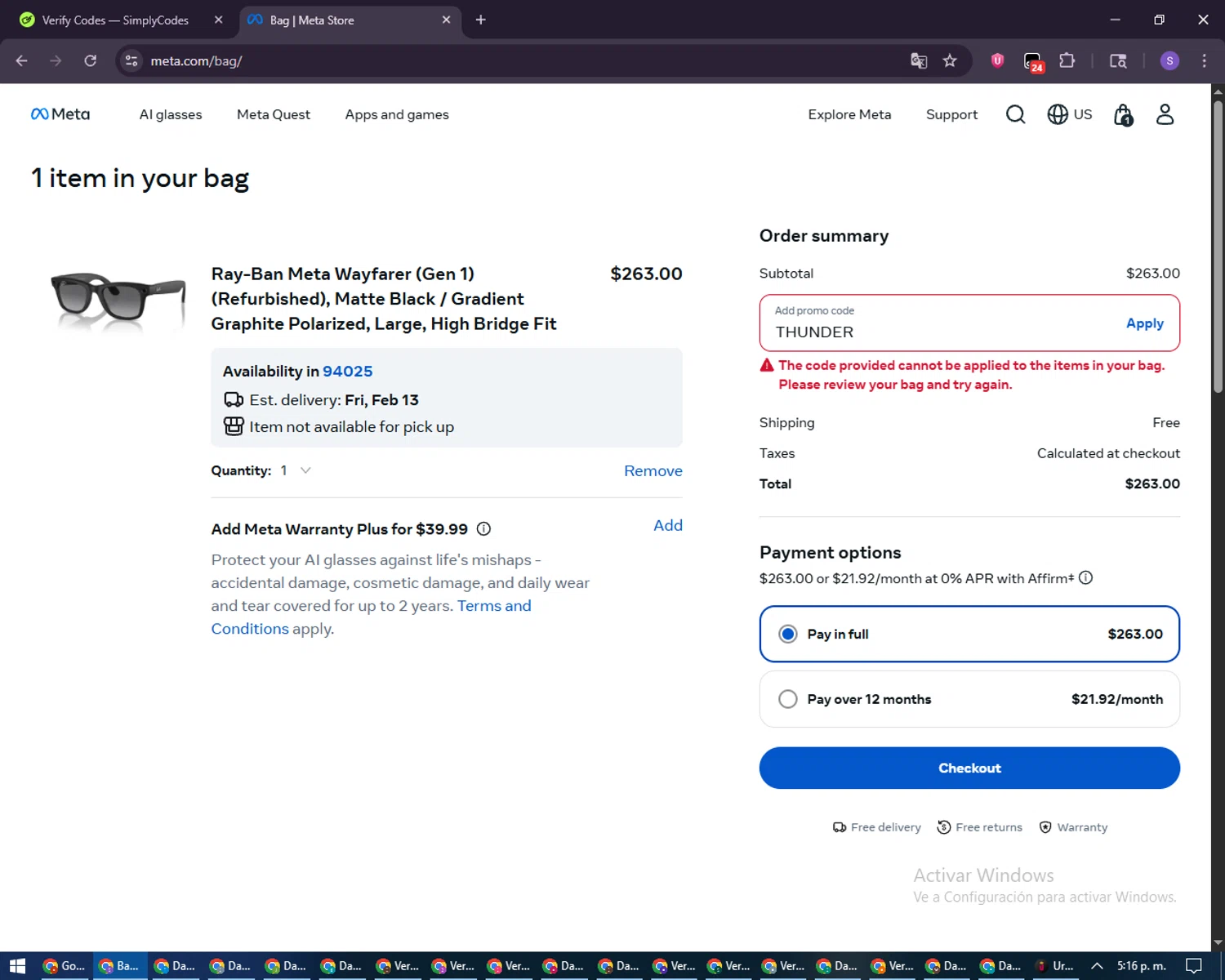 Verification screenshot for 20% Off Select Items at Ray-Ban Meta - 4mo ago