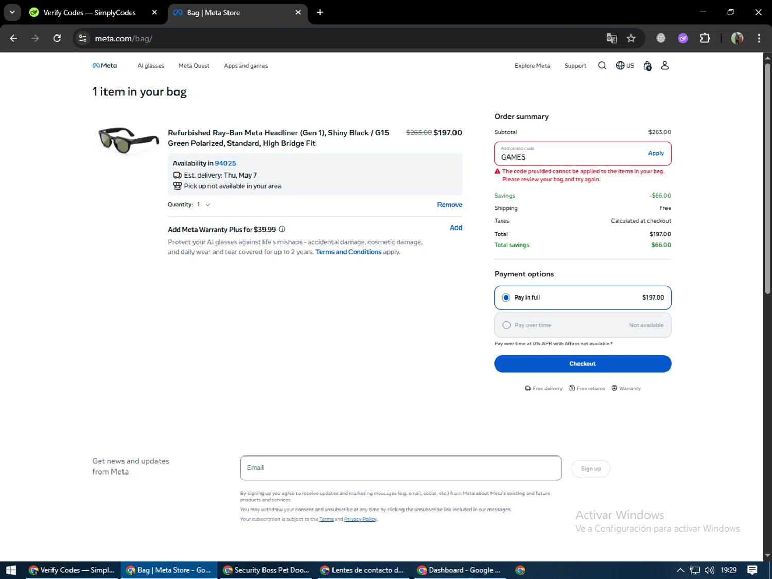 Verification screenshot for 5% Off Select Items at Ray-Ban Meta - 2mo ago