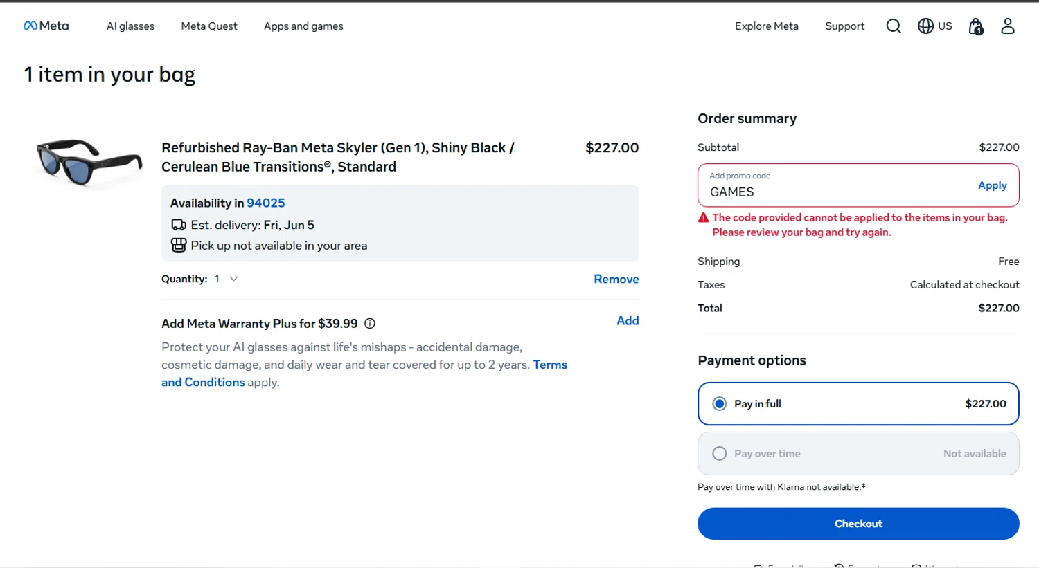 Verification screenshot for 5% Off Select Items at Ray-Ban Meta - 31d ago