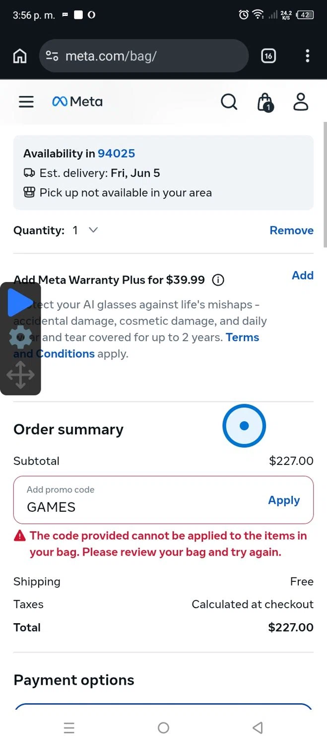 Verification screenshot for 5% Off Select Items at Ray-Ban Meta - 31d ago