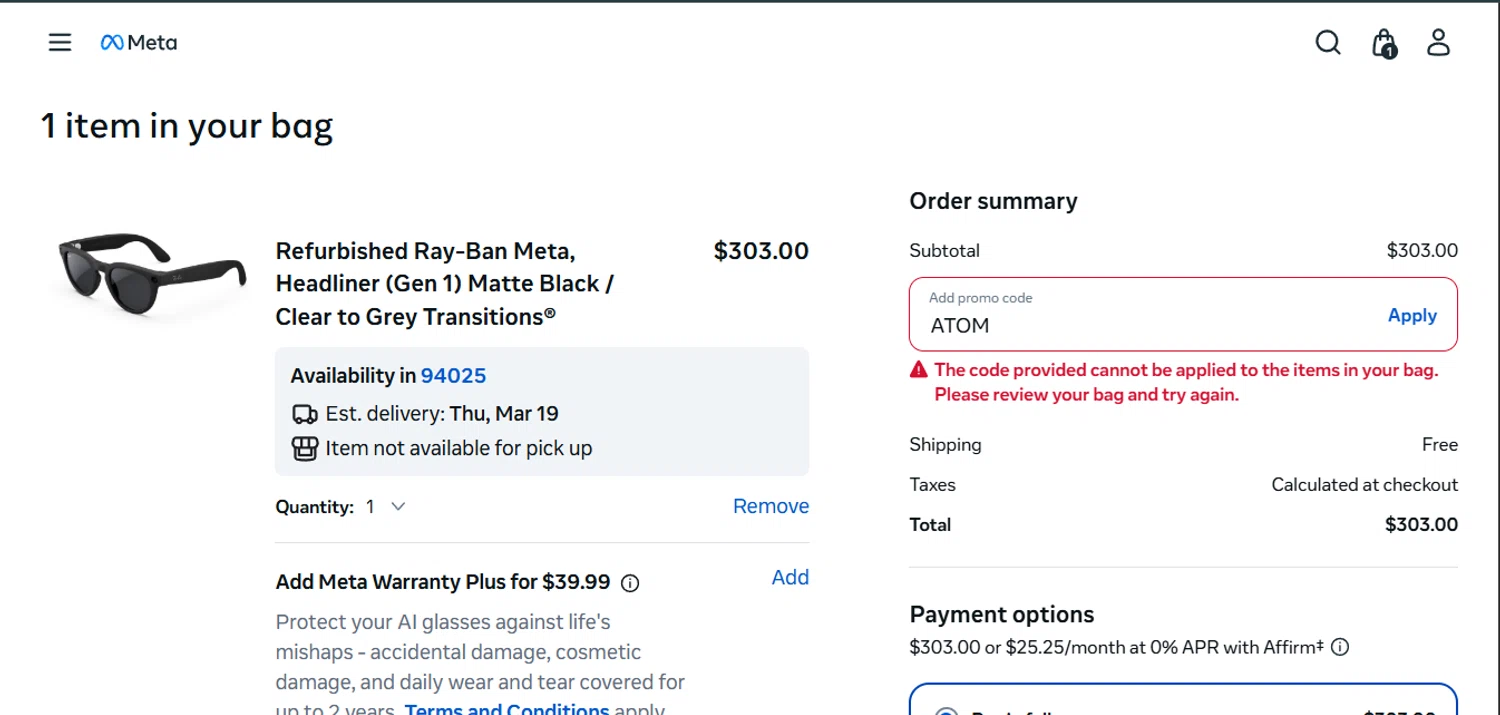 Verification screenshot for 20% Off Select Items at Ray-Ban Meta - 3mo ago