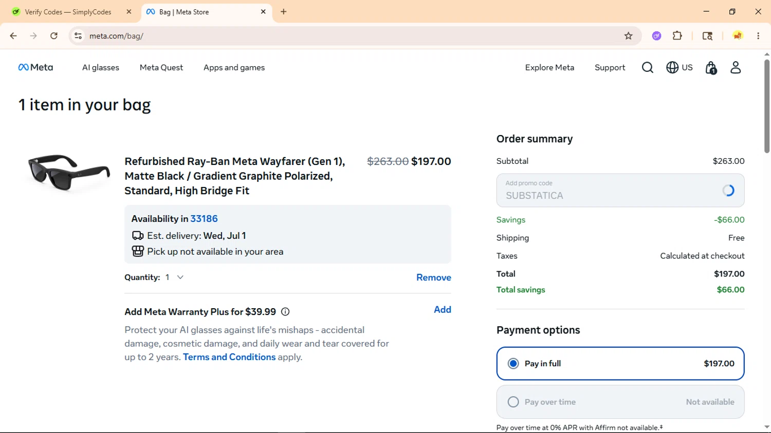 Verification screenshot for 20% Off Select Items at Ray-Ban Meta - 42d ago