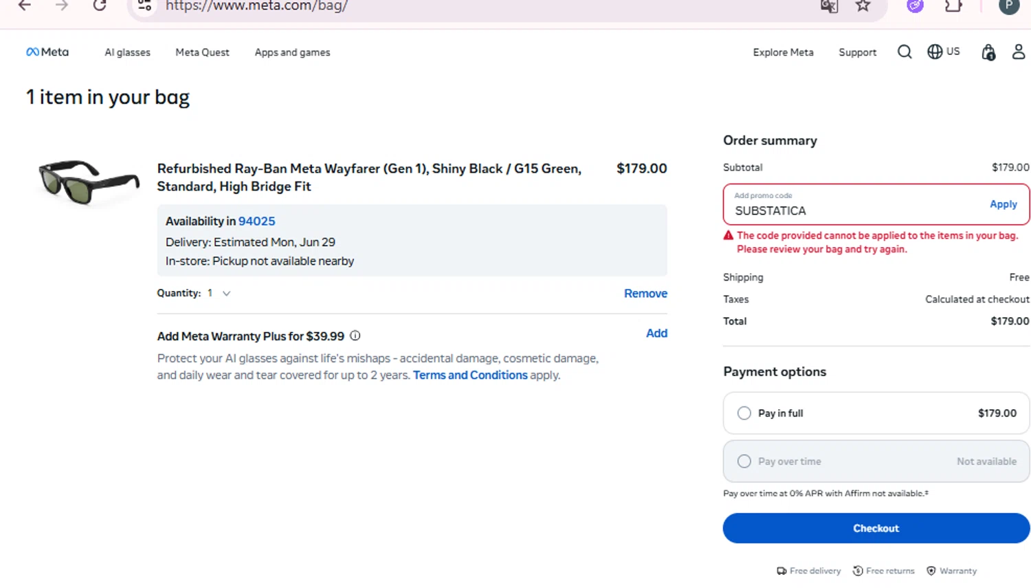 Verification screenshot for 20% Off Select Items at Ray-Ban Meta - 5d ago