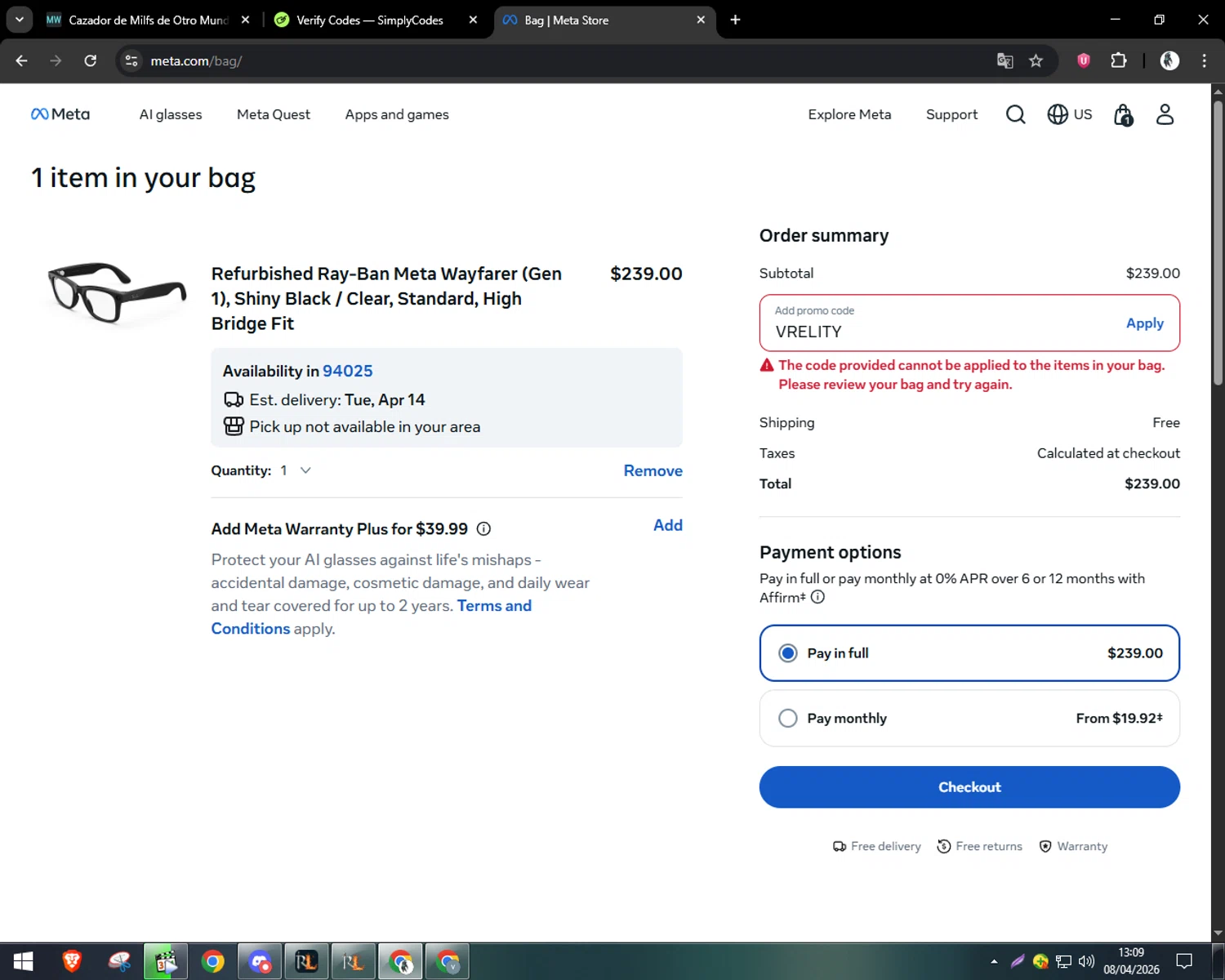Verification screenshot for 15% Off Select Items at Ray-Ban Meta - 2mo ago