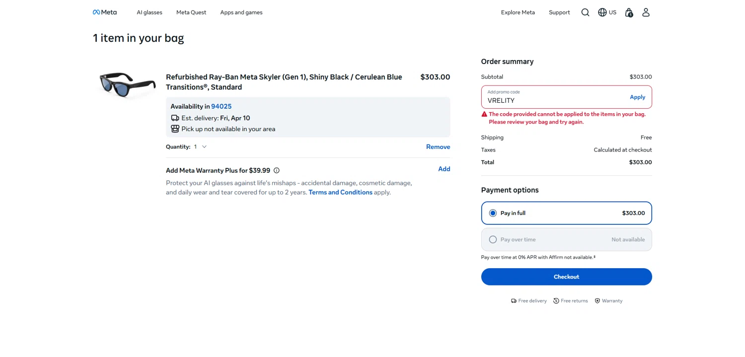 Verification screenshot for 15% Off Select Items at Ray-Ban Meta - 2mo ago