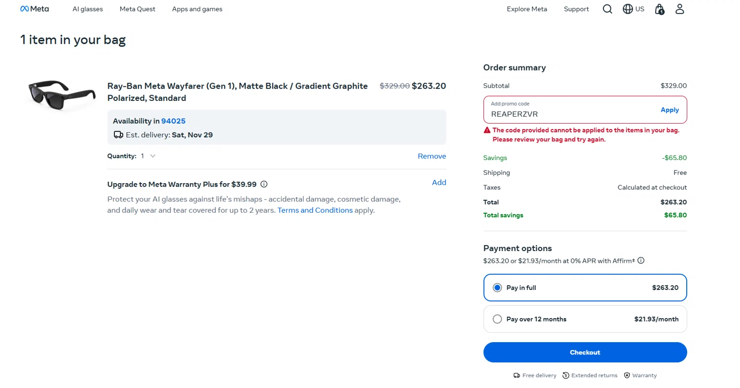 Ray-Ban Meta promo code screenshot showing code REAPERZVR applied at Ray-Ban Meta checkout page. Uploaded by SimplyCodes community member Dorothy on Nov 27, 2025