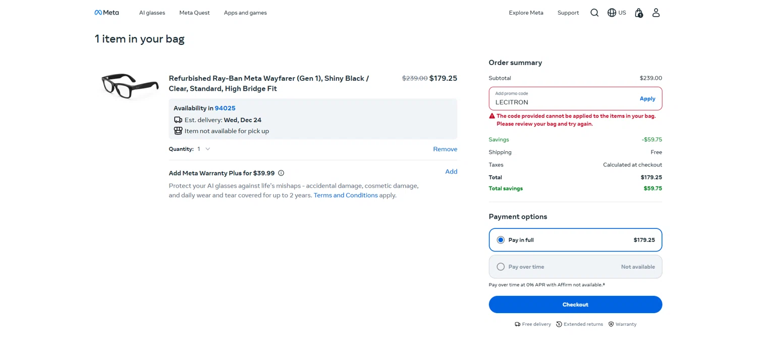 Ray-Ban Meta promo code screenshot showing code LECITRON applied at Ray-Ban Meta checkout page. Uploaded by SimplyCodes community member Dorothy on Dec 19, 2025