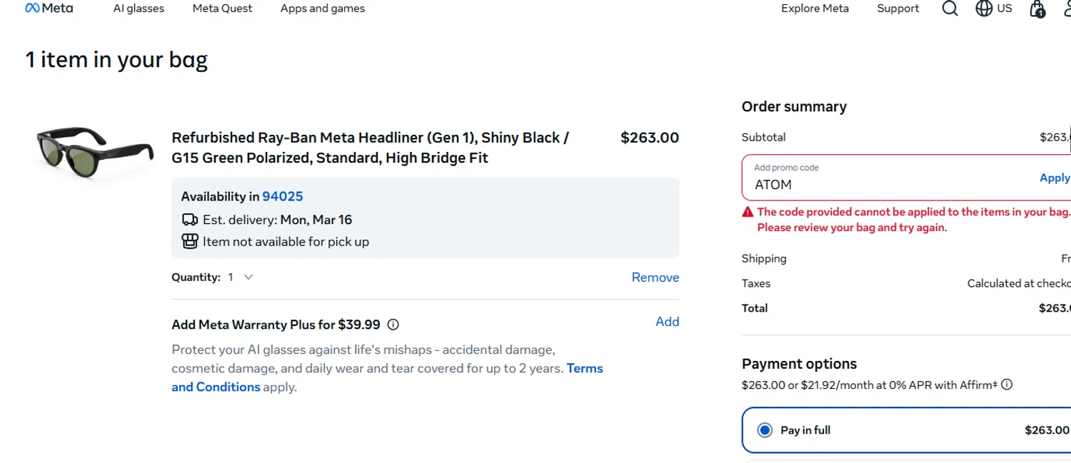Verification screenshot for 20% Off Select Items at Ray-Ban Meta - 3mo ago