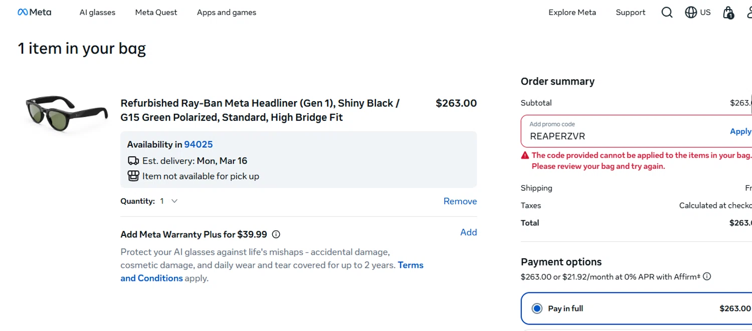 Verification screenshot for 20% Off Select Items at Ray-Ban Meta - 3mo ago