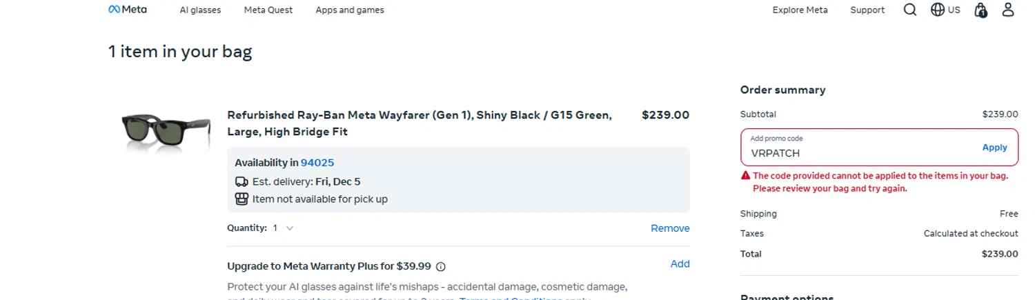 Ray-Ban Meta promo code screenshot showing code VRPATCH applied at Ray-Ban Meta checkout page. Uploaded by SimplyCodes community member ashe1986 on Dec 4, 2025