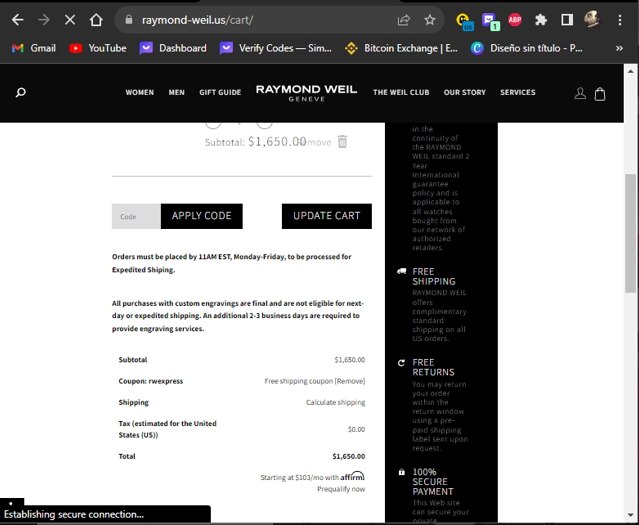 Raymond Weil checkout page showing Raymond Weil promo code box | Screenshot taken by SimplyCodes community member on Aug 23, 2023