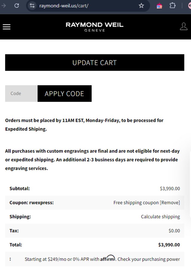 Raymond Weil checkout page showing Raymond Weil promo code box | Screenshot taken by SimplyCodes community member on Sep 16, 2024