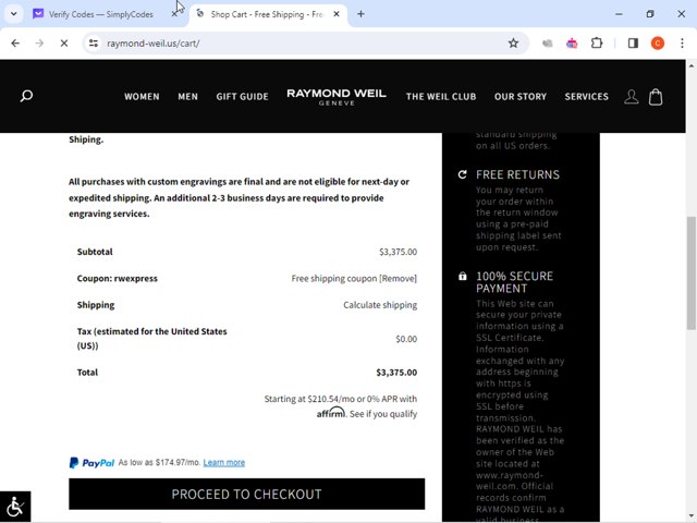 Raymond Weil checkout page showing Raymond Weil promo code box | Screenshot taken by SimplyCodes community member on Feb 29, 2024