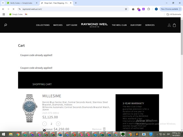 Raymond Weil checkout page showing Raymond Weil promo code box | Screenshot taken by SimplyCodes community member on Mar 14, 2025