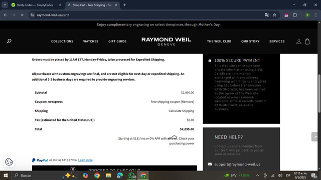 Raymond Weil checkout page showing Raymond Weil promo code box | Screenshot taken by SimplyCodes community member on May 9, 2025