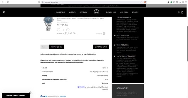 Raymond Weil checkout page showing Raymond Weil promo code box | Screenshot taken by SimplyCodes community member on Jun 6, 2025