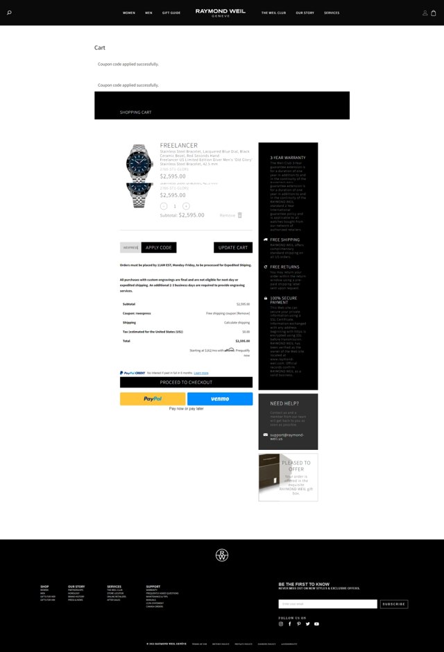 Raymond Weil checkout page showing Raymond Weil promo code box | Screenshot taken by SimplyCodes community member on Jun 20, 2023