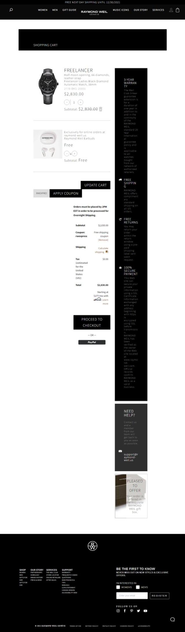 Raymond Weil checkout page showing Raymond Weil promo code box | Screenshot taken by SimplyCodes community member on Dec 28, 2021