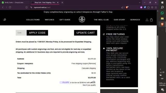 Raymond Weil checkout page showing Raymond Weil promo code box | Screenshot taken by SimplyCodes community member on Jun 13, 2025