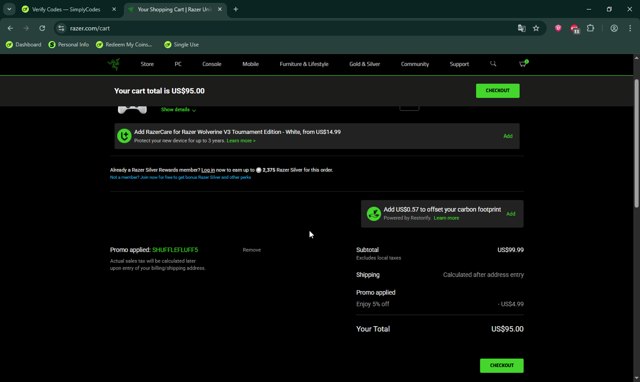 Razer US checkout page showing Razer US promo code box | Screenshot taken by SimplyCodes community member on Jul 18, 2025
