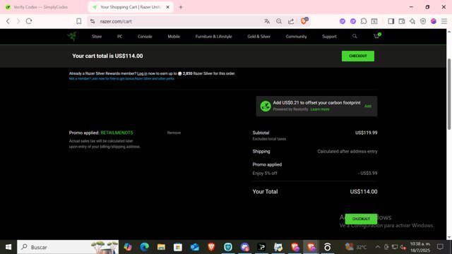 Razer US checkout page showing Razer US promo code box | Screenshot taken by SimplyCodes community member on Jul 18, 2025