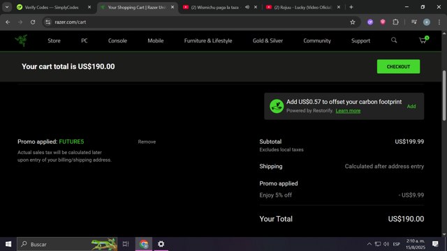 Razer US checkout page showing Razer US promo code box | Screenshot taken by SimplyCodes community member on Aug 15, 2025