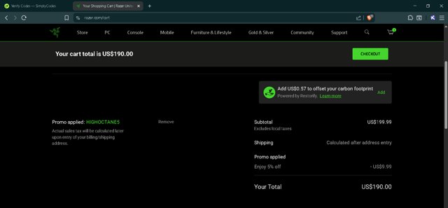 Razer US checkout page showing Razer US promo code box | Screenshot taken by SimplyCodes community member on Aug 14, 2025