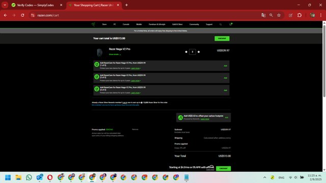 Razer US checkout page showing Razer US promo code box | Screenshot taken by SimplyCodes community member on Sep 2, 2025
