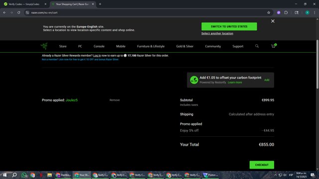 Razer EU checkout page showing Razer EU promo code box | Screenshot taken by SimplyCodes community member on Jul 14, 2025