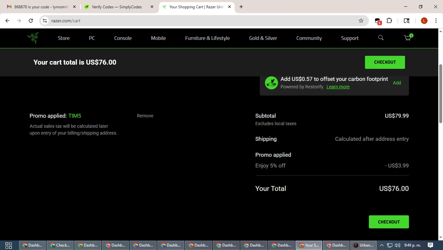 Razer Gold Partner promo code screenshot showing code TIM5 applied at Razer Gold Partner checkout page. Uploaded by SimplyCodes community member BonusHero9692 on Sep 25, 2025