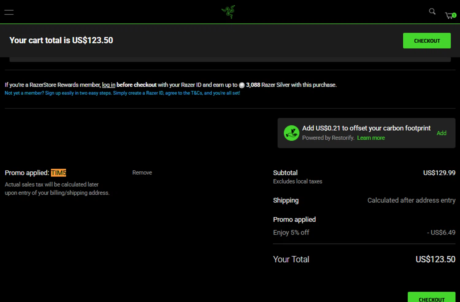 Razer Gold Partner promo code screenshot showing code TIM5 applied at Razer Gold Partner checkout page. Uploaded by SimplyCodes community member gabrielponce on May 28, 2025