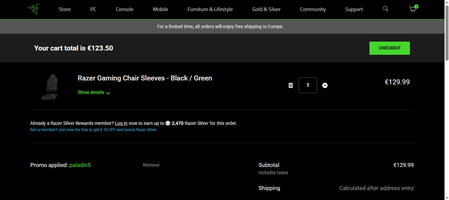 Razer Gold Partner promo code screenshot showing code paladin5 applied at Razer Gold Partner checkout page. Uploaded by SimplyCodes community member Biancapoli on Aug 14, 2025