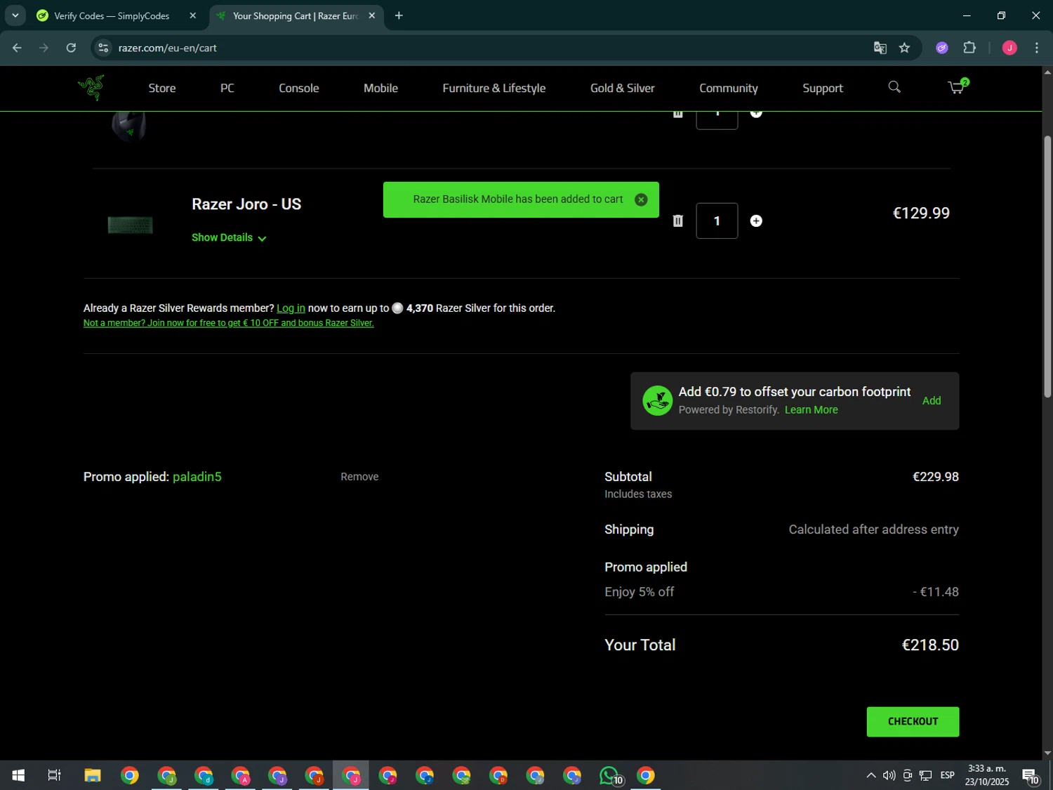 Razer Gold Partner promo code screenshot showing code paladin5 applied at Razer Gold Partner checkout page. Uploaded by SimplyCodes community member CleverShopper2101 on Oct 23, 2025