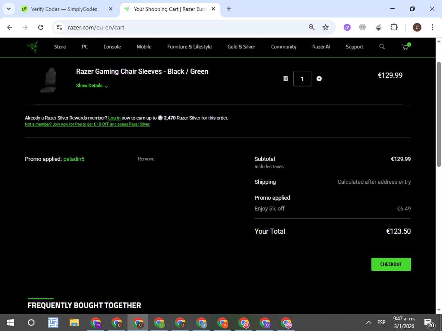 Razer Gold Partner checkout page showing Razer Gold Partner promo code box | Screenshot taken by SimplyCodes community member on Jan 3, 2026